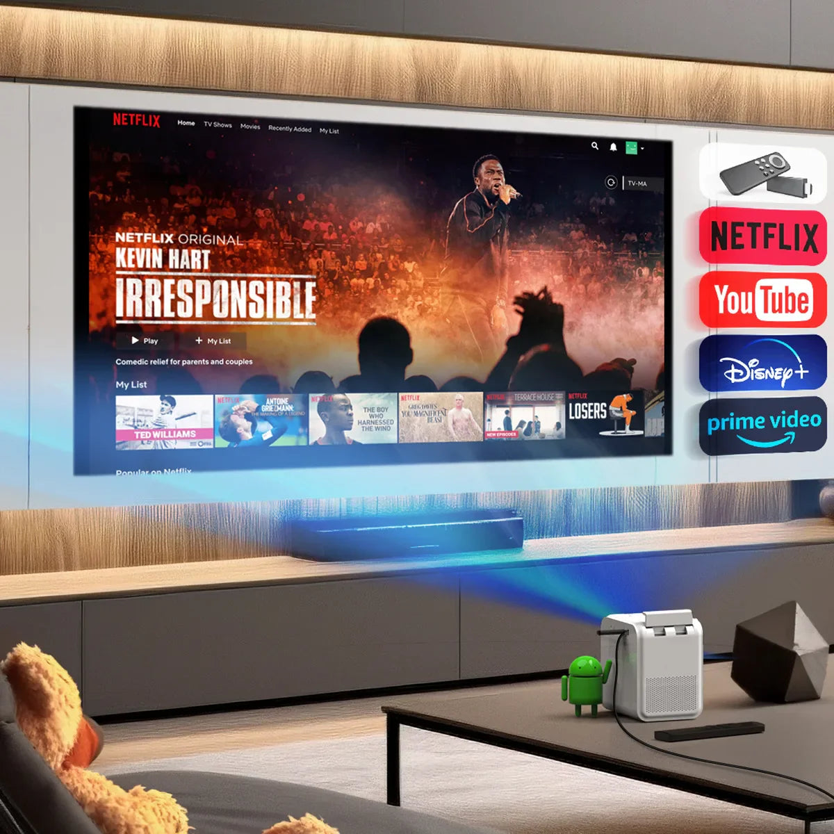 KTX-646611 Portable 4K Projector with Built-in Battery for Home, Office, and Outdoor Use, 3D & HD Compatible