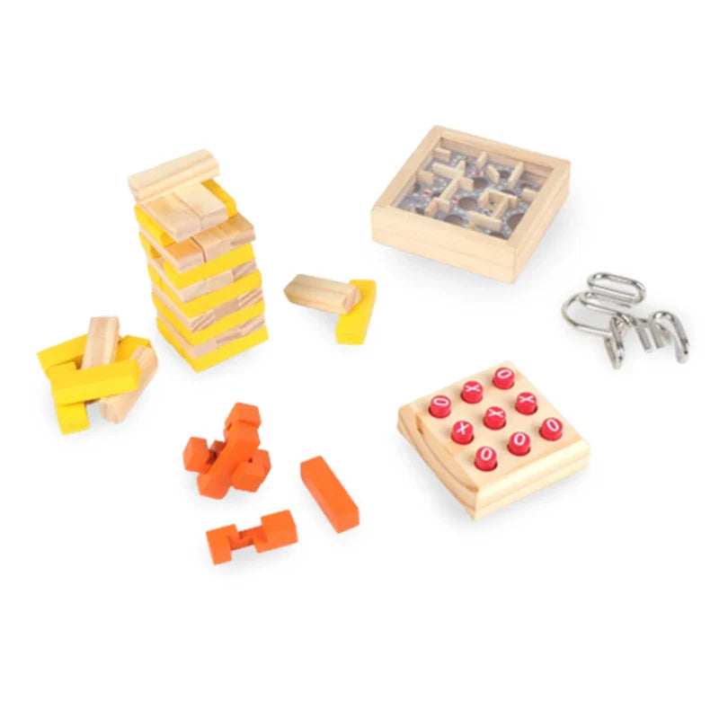 KTX-620371 5-in-1 Wooden Block Puzzle Set with Metal Ring Brain Teaser for Kids