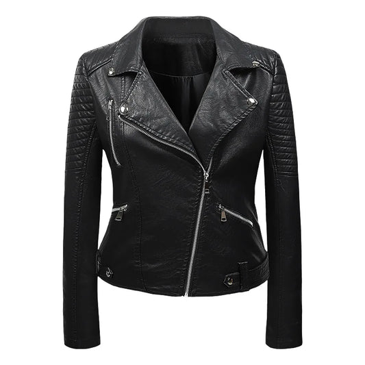KTX-143763 PU Leather Jacket for Women Korean Version Slim Fit Harajuku Style Spring Short Flip Collar Motorcycle Jacket Clothing