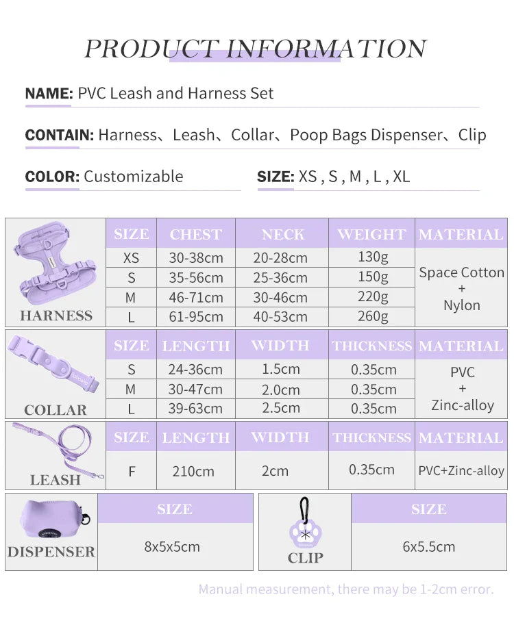 HKM-406035 Custom Neoprene Cat and Dog Collar Harness Leash Set in Luxury PVC - Hands-Free Design