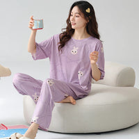 HKM-837651 Cartoon Printing Leisure Style Round Neck Female Short Sleeves Long Pants Cotton Pajamas for Women