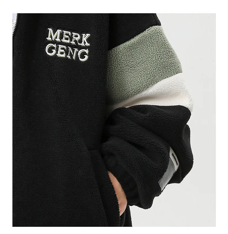 HKM-603667 Men's Large Size Warm Cotton Jacket With Winter Stand-Up Collar 550g Lamb Wool Contrasting Zipper Closure Clothing