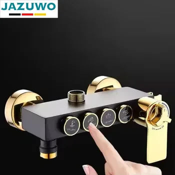 KTX-015635 Modern Black Gold Brass Square Shower System and Bathtub Mixer Faucet with Ceramic Finish