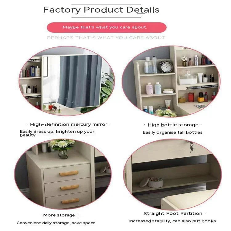 KTX-530707 Elegant Makeup Vanity Table with Mirror and Drawers, Complete with Stool for Bedroom