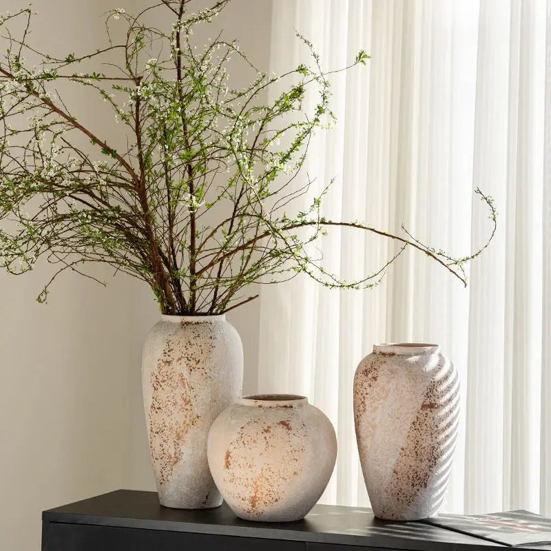 Large Ceramic Vase Set of 3 Flower Pot Brown Vintage Porcelain Table Vases Homestay Rural Country Centerpiece Rustic Flower Vase