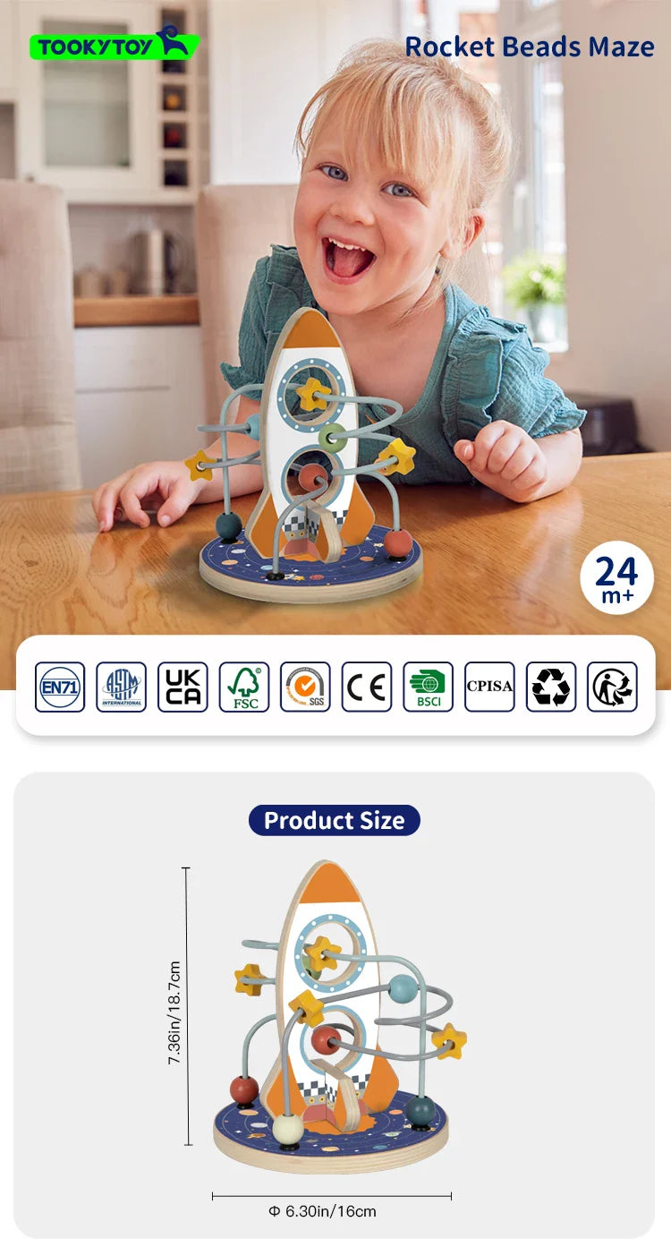 KTX-097235 Montessori Wooden Beads Maze Toy - Multifunctional Rocket-Shaped Educational Activity for Preschool Learning