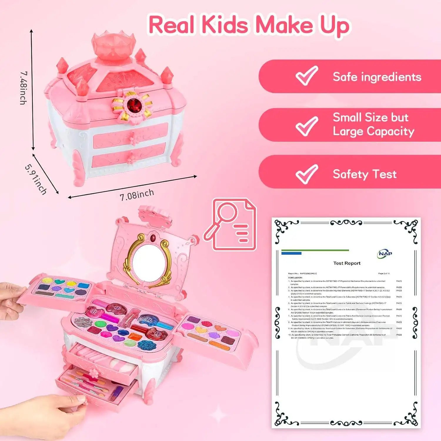 KTX-982355 Washable Kids Makeup Bag Kit with Portable Box for Pretend Play - Perfect Gift for Girls