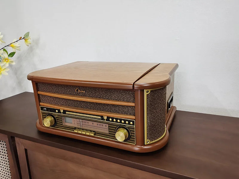 KTX-612179 Multifunctional Retro Wooden Turntable with AM FM Radio, USB and Bluetooth Connectivity, Plays Vinyl Records, CDs, and Tapes