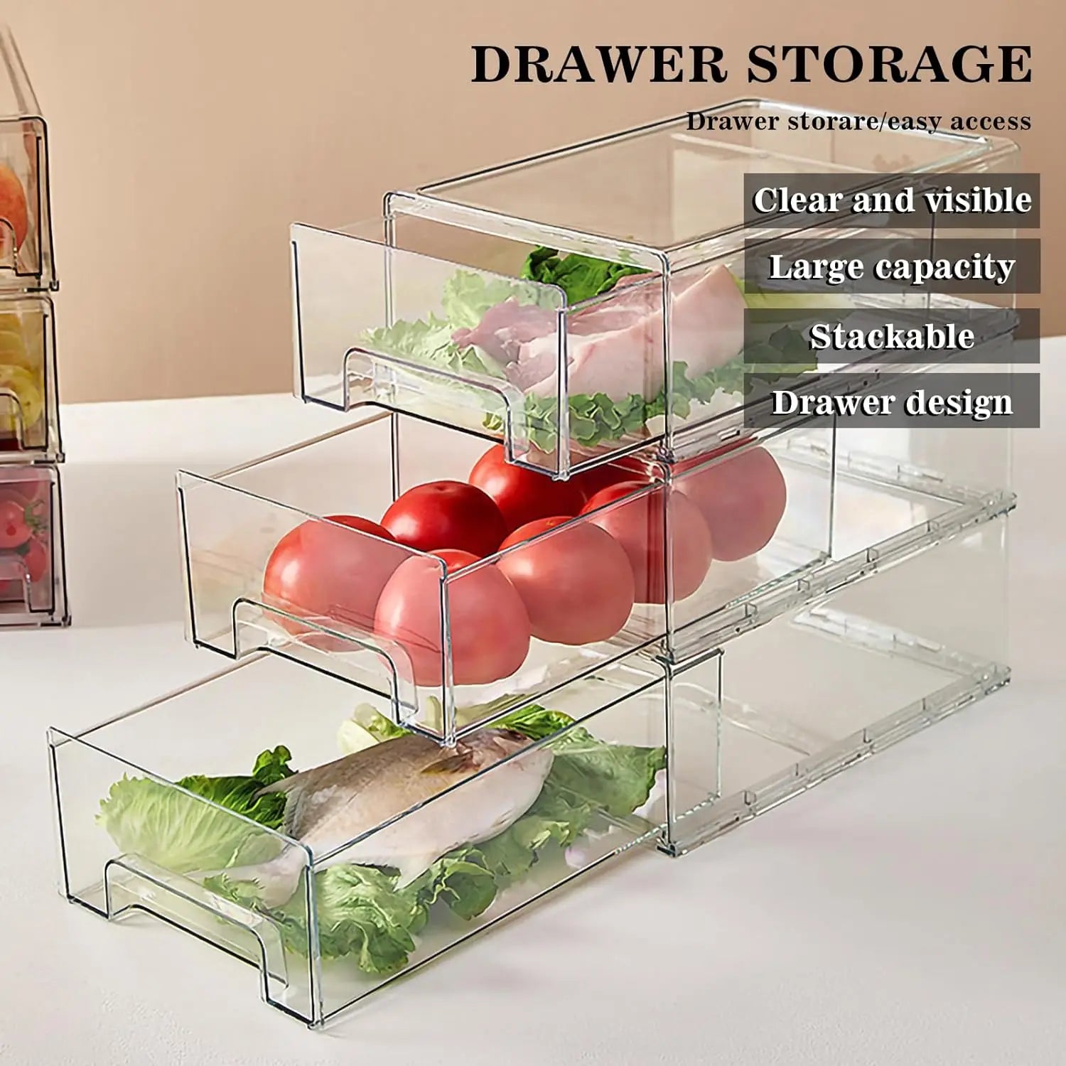 KTX-631187 BPA-Free Clear Plastic Drawer Organiser with Drain Tray for Fridge and Pantry Storage