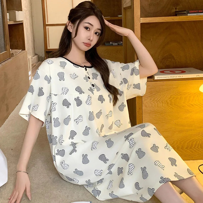 KTX-198099 Mid-length Fashion Nightdress Summer New Cotton Nightgown Cartoon Round Neck Short Sleeves Loose Loungewear Dress