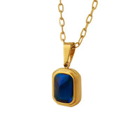 HKM-756307 Vintage Style Titanium Steel Square Stone Pendant Necklace 18K Gold Plated Blue Diamond Stainless Steel Necklace