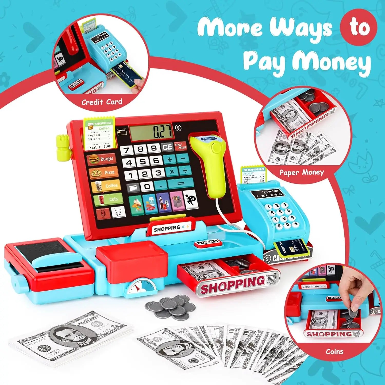 KTX-687443 EPT 52PCS Toy Cash Register with Electronic Sounds for Kids Indoor Pretend Play