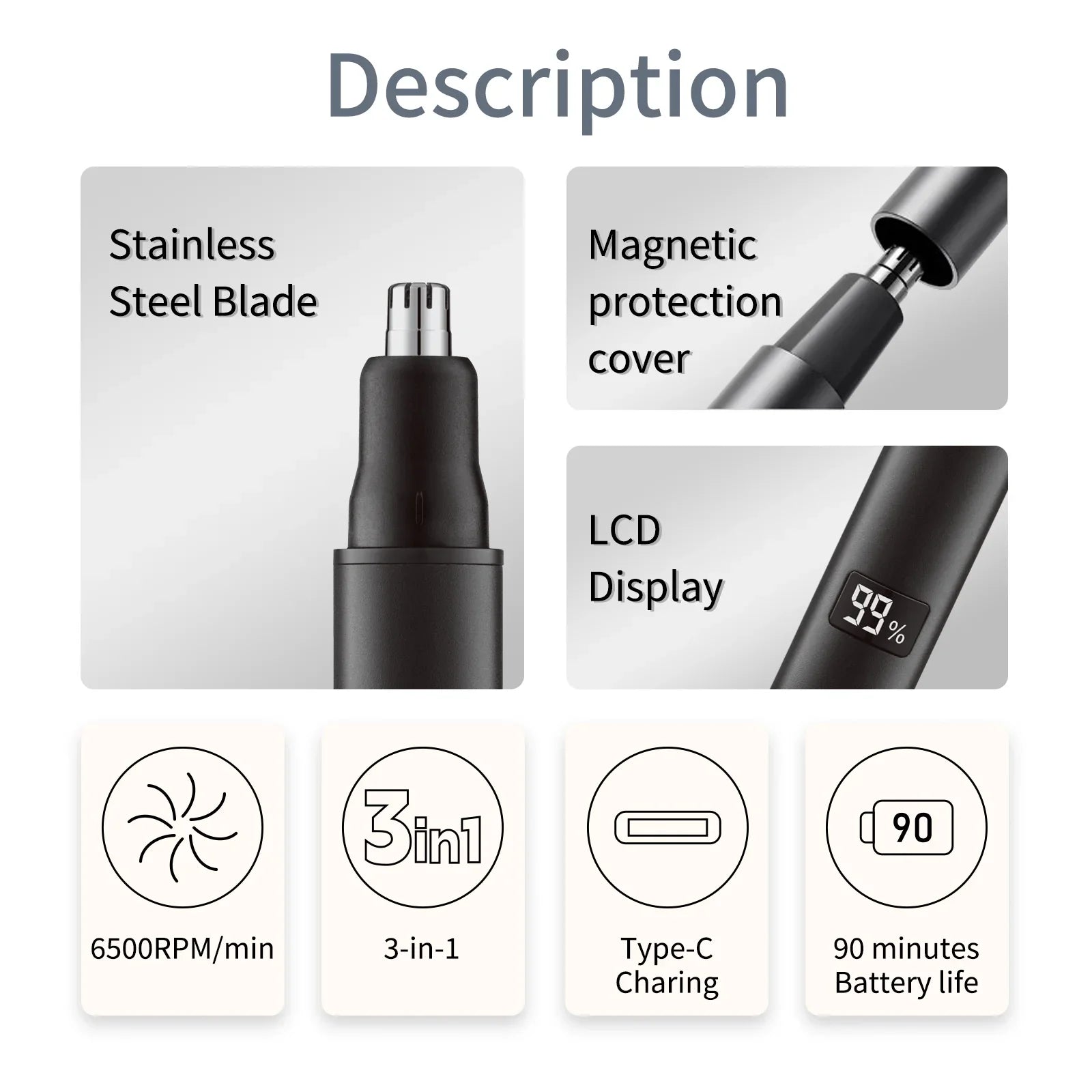 HKM-012627 Rechargeable 3-in-1 Hair Razor, Beard Shaver, and Nose Trimmer for Men