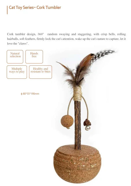 HKM-702099 Natural Cork Catnip Ball Toy with Bells and Feathers for Cats