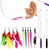 HKM-112275 Eco-Friendly Plush Cat Toy Set with Retractable Rod and Feather Replacement Head for Interactive Play