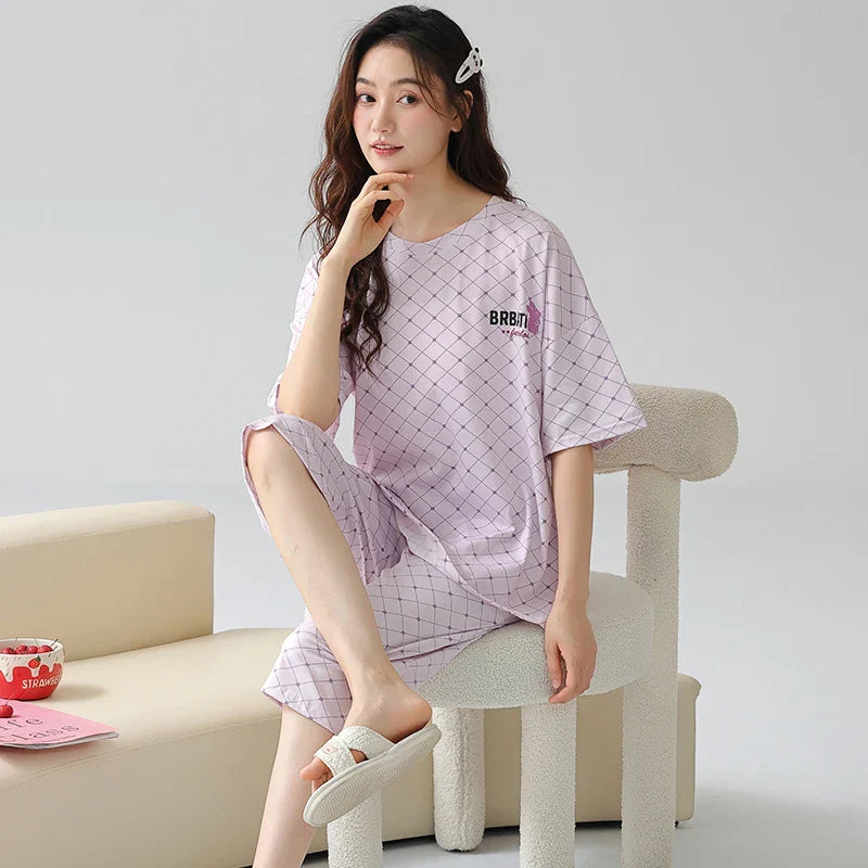 HKM-608275 Pajamas Women's Summer Cotton Short Sleeved Seven-point Pants Casual Light Purple Home Clothes Two-piece Suit