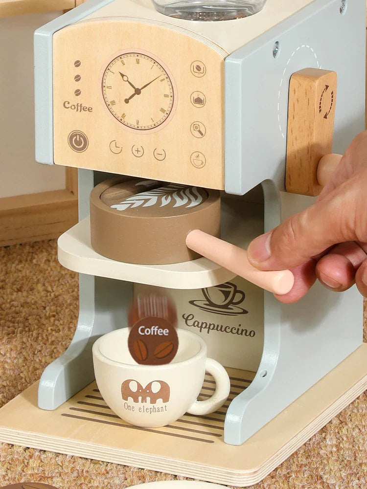 KTX-964179 Blue Wooden Coffee Maker Toy Set for Kids - Mini Educational DIY Kitchen Play for Boys and Girls