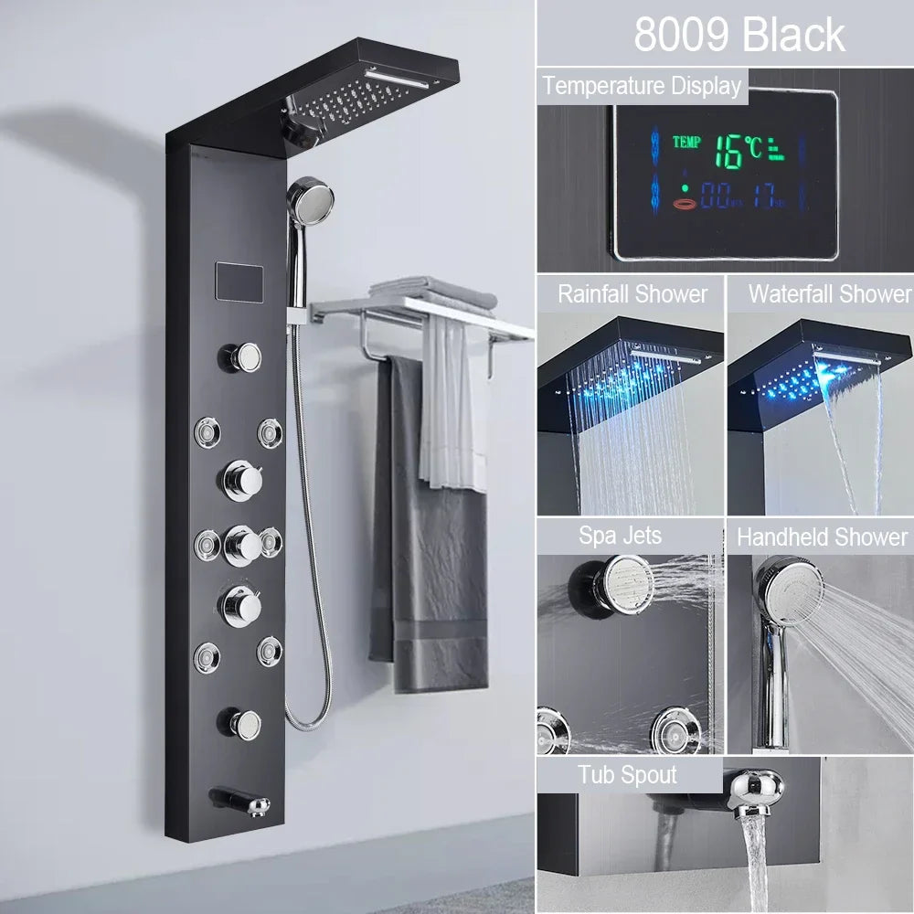 KTX-786259 5-in-1 Black Stainless Steel Multifunction Rain Shower System with Body Spray Head