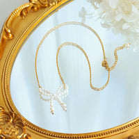 HKM-297555 Personality Trend Imitation Pearl Bow Necklace Stainless Steel 18K Gold Link Chain butterfly Necklace for Women