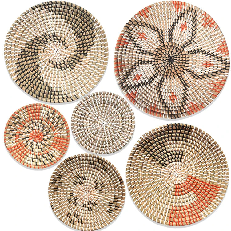 KTX-485139 Handwoven Rattan Wall Hanging Decor Set - Seasonal Boho Straw Artistry for Interior Decoration