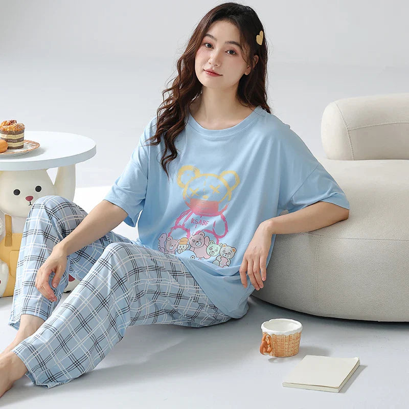 HKM-870419 Perfect Quality Nightclothes Cartoon Pyjamas Women'S Sleepwear Home Wear 2 Piece Set Short Sleeve Trouser Loose Pajamas