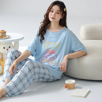HKM-870419 Perfect Quality Nightclothes Cartoon Pyjamas Women'S Sleepwear Home Wear 2 Piece Set Short Sleeve Trouser Loose Pajamas