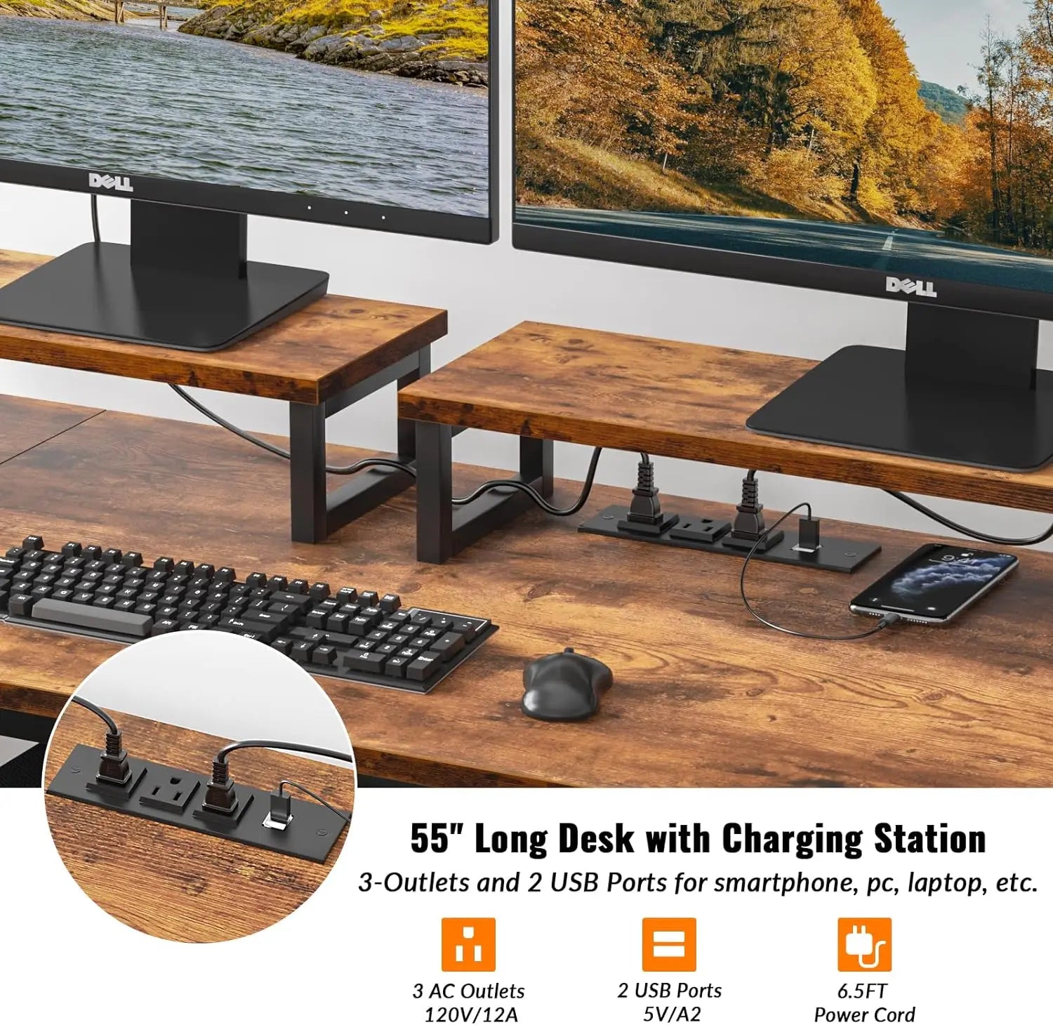KTX-186067 Large Rustic Brown Computer Desk with 2 Removable Monitor Stands, CPU Stand, and Hooks for Home Office Use
