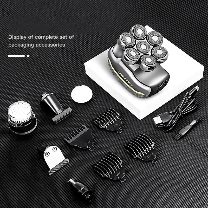 HKM-848787 7D Multifunctional Cordless Electric Head Shaver with Beard and Nose Trimmer, Rechargeable 6-in-1 Razor for Men