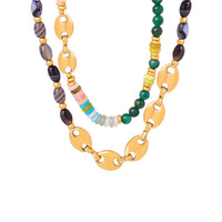 HKM-494163 Fashion Gold Plated Stainless Steel Coffee Bean Chain Natural Stone Green Red Agate Beads Chokers Necklace Jewelry for Women
