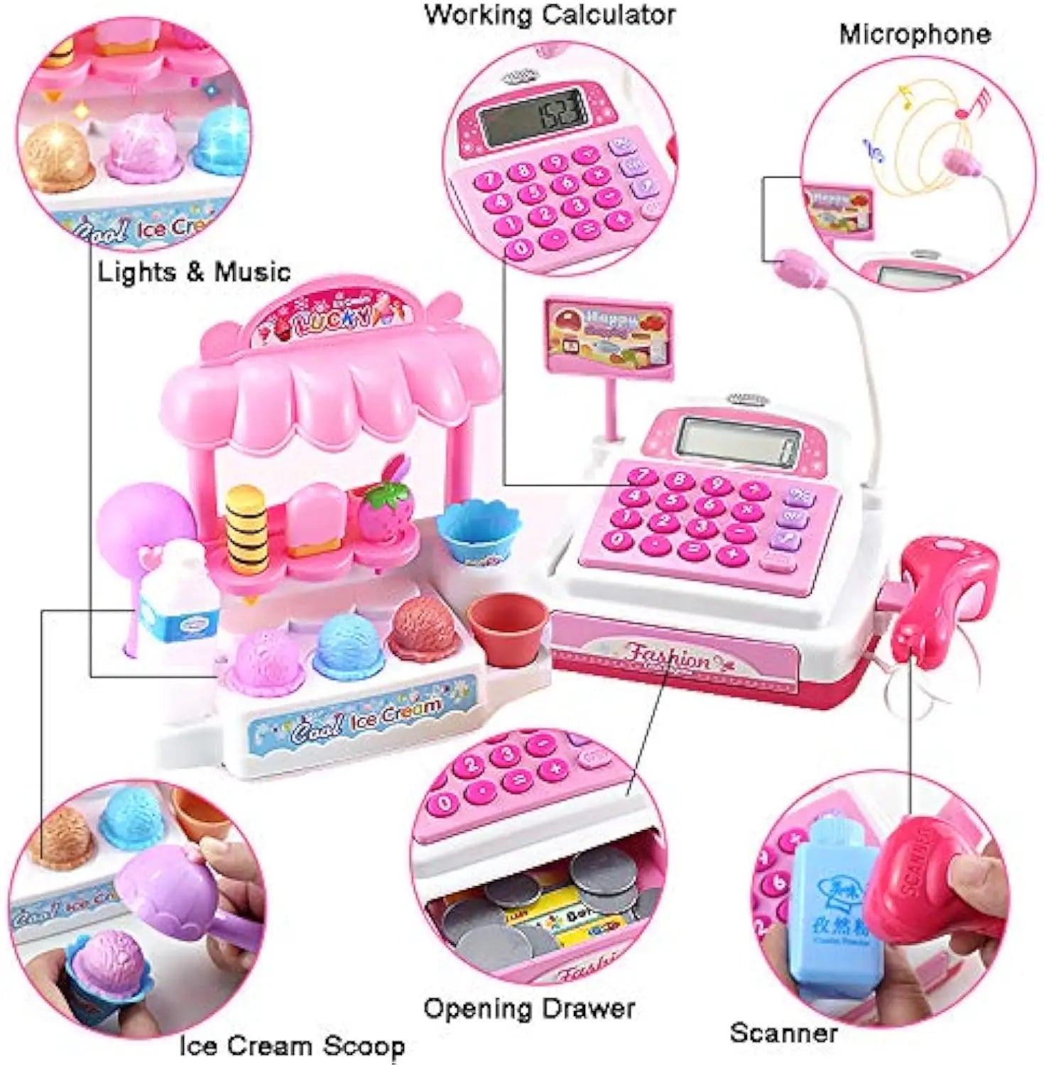 HKM-606099 Ice Cream Store Mini Cash Register Toy with Sound and Flashing Lights for Kids Ages 2-9