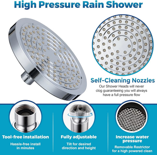 KTX-212243 Chrome Rainfall High Pressure Shower Head V-33020, 6 Inch Wall Mount, ABS & Brass Material, TPR Nozzles