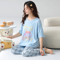 HKM-870419 Perfect Quality Nightclothes Cartoon Pyjamas Women'S Sleepwear Home Wear 2 Piece Set Short Sleeve Trouser Loose Pajamas