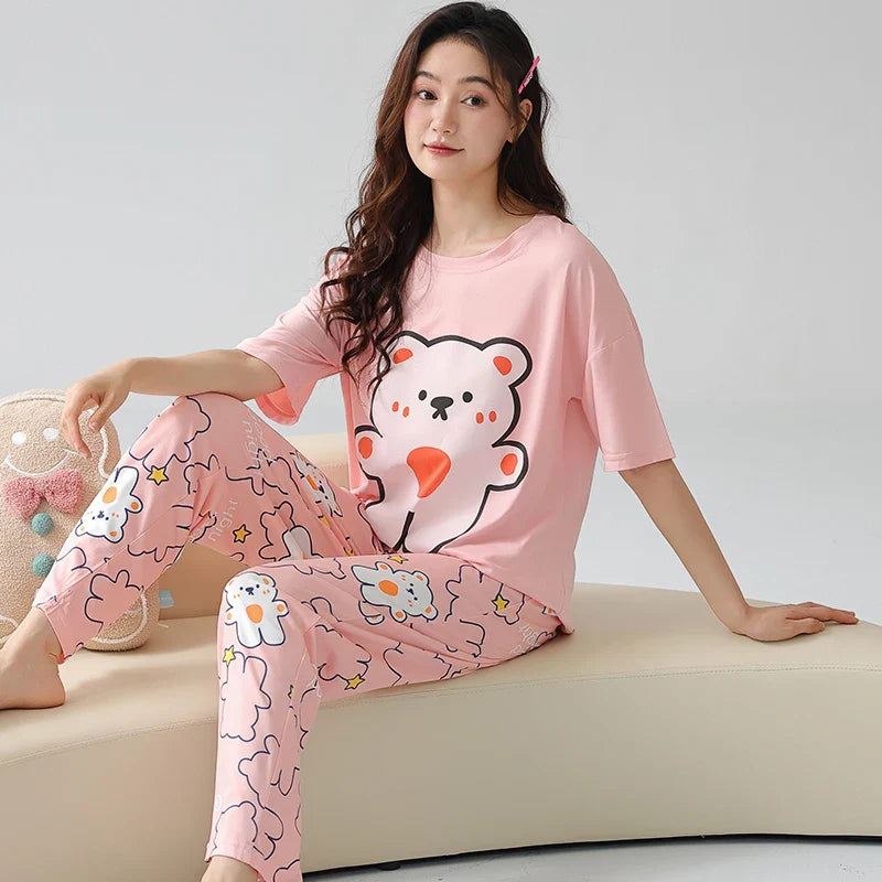 KTX-034259 Cartoon Ladies Night Wear Suits Sleep Wear Two-piece Cotton Comfortable Women Short Sleeved Trousers Pajamas Sets
