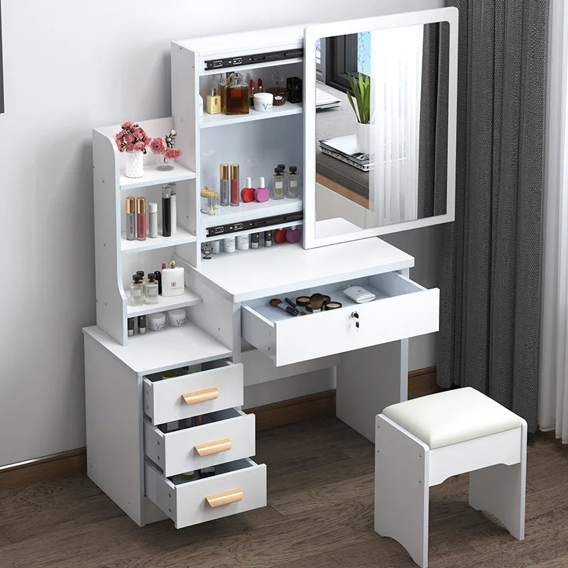 KTX-432403 Wooden Makeup Desk Vanity Set with Cushioned Stool and Round Mirror