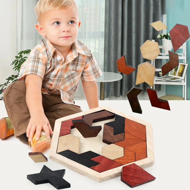 KTX-727891 3D Hexagonal Wooden Puzzle Set for Children – Educational Montessori Tangram Toys