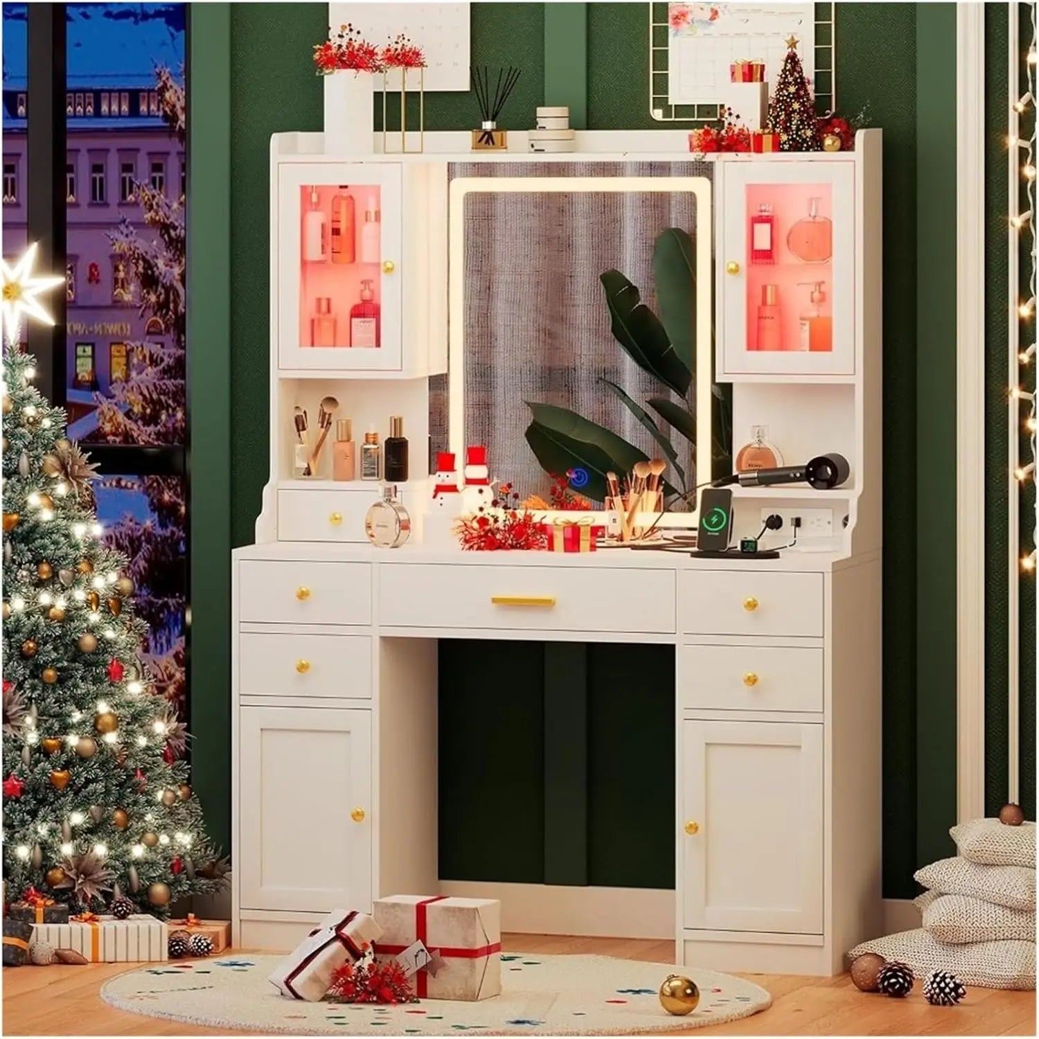 KTX-563475 Elegant Vanity Table with Mirror and Storage Drawers for Organising Beauty Essentials