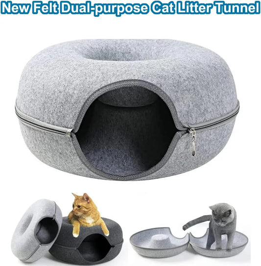 HKM-045587 Detachable and Washable Felt Cat Tunnel Bed - Cozy Donut Nest for Cats