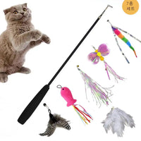 HKM-112275 Eco-Friendly Plush Cat Toy Set with Retractable Rod and Feather Replacement Head for Interactive Play