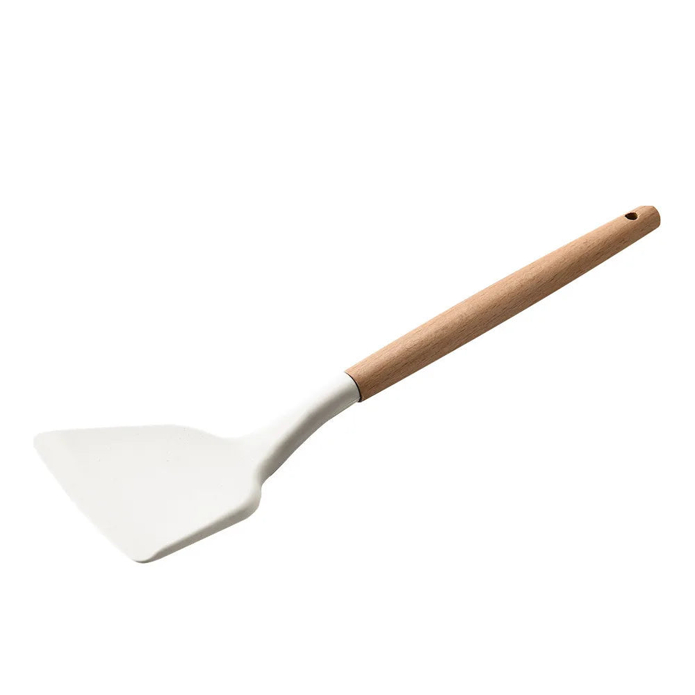 KTX-378387 Creamy White Wooden Handle Nonstick Silicone Kitchen Utensils - 11 Piece Cooking Tool Set