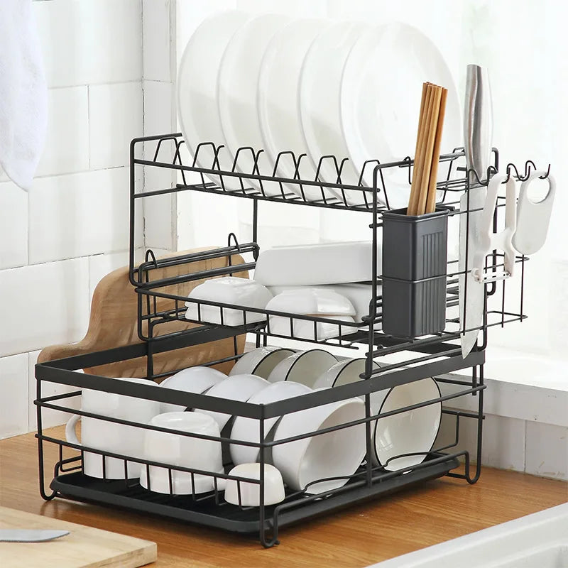 KTX-483155 2-Tier Large Black Steel Dish Rack with Utensil and Cutting Board Holders