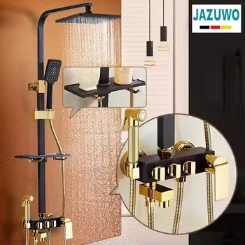 KTX-015635 Modern Black Gold Brass Square Shower System and Bathtub Mixer Faucet with Ceramic Finish