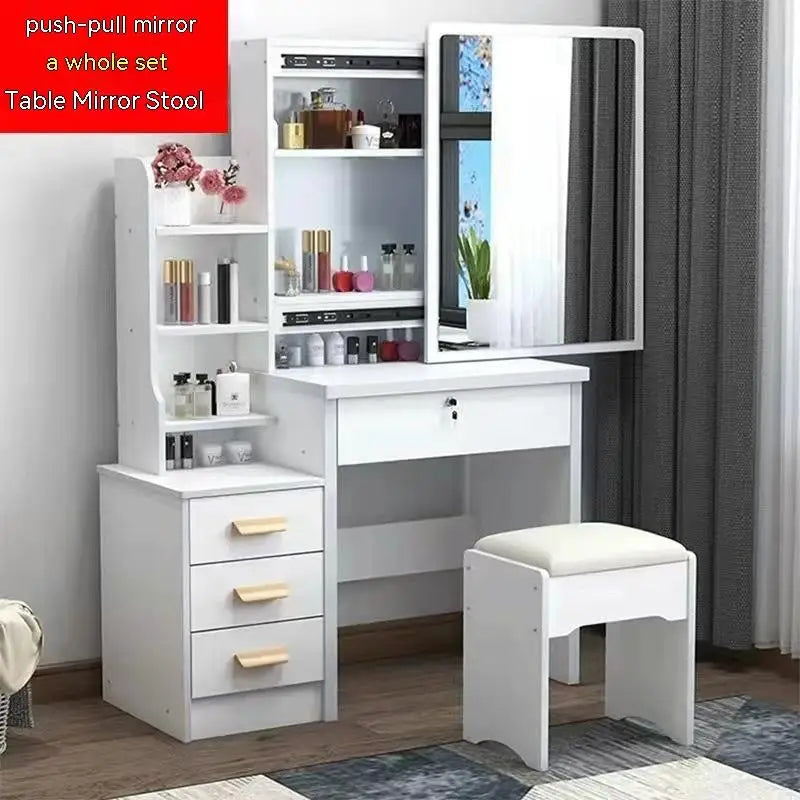 KTX-530707 Elegant Makeup Vanity Table with Mirror and Drawers, Complete with Stool for Bedroom