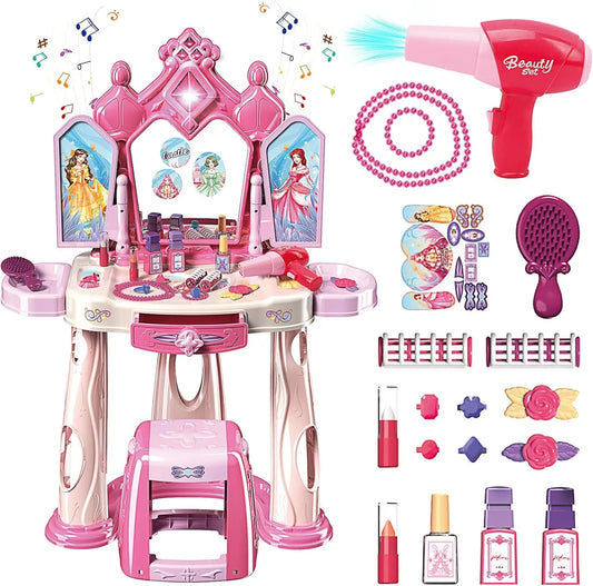 KTX-621907 Pretend Play Makeup Table Set for Girls with Lights, Music, and Openable Doors - Includes Stool