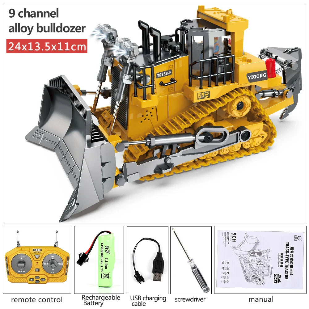 KTX-451091 Remote Control Alloy Engineering Bulldozer Toy with Light and Sound - 2.4G Wireless Excavator Vehicle