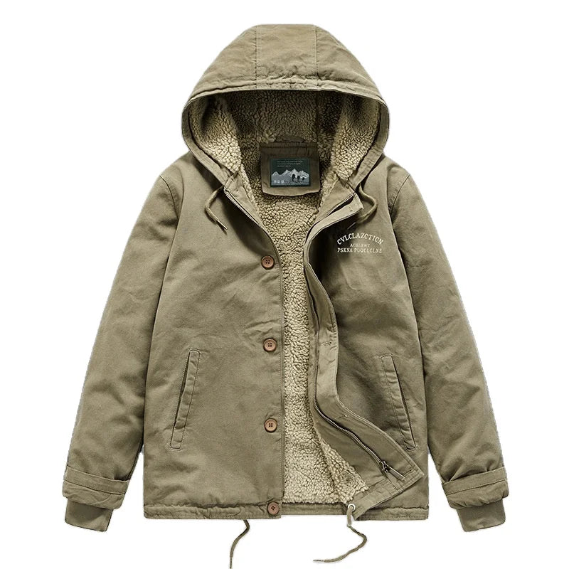 HKM-259027 Men's Winter Thickening Lamb Wool Cotton Coat With Hooded Velvet Collar Short Pilot Jacket Workwear Puffer Jacket