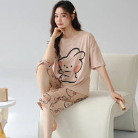 HKM-411667 Women's Pajama Set Short Sleeved and Cropped Pants Nighty With Pockets Sleepwear Cartoon Print Homewear