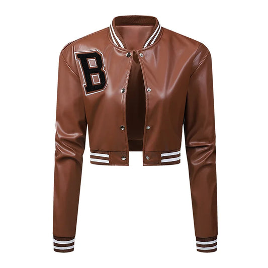 KTX-110995 Women's High-Waisted Cardigan Leather Jacket Slim Fit Baseball Style Custom Logo Embroidery Decoration Sporty Motorcycle Suit
