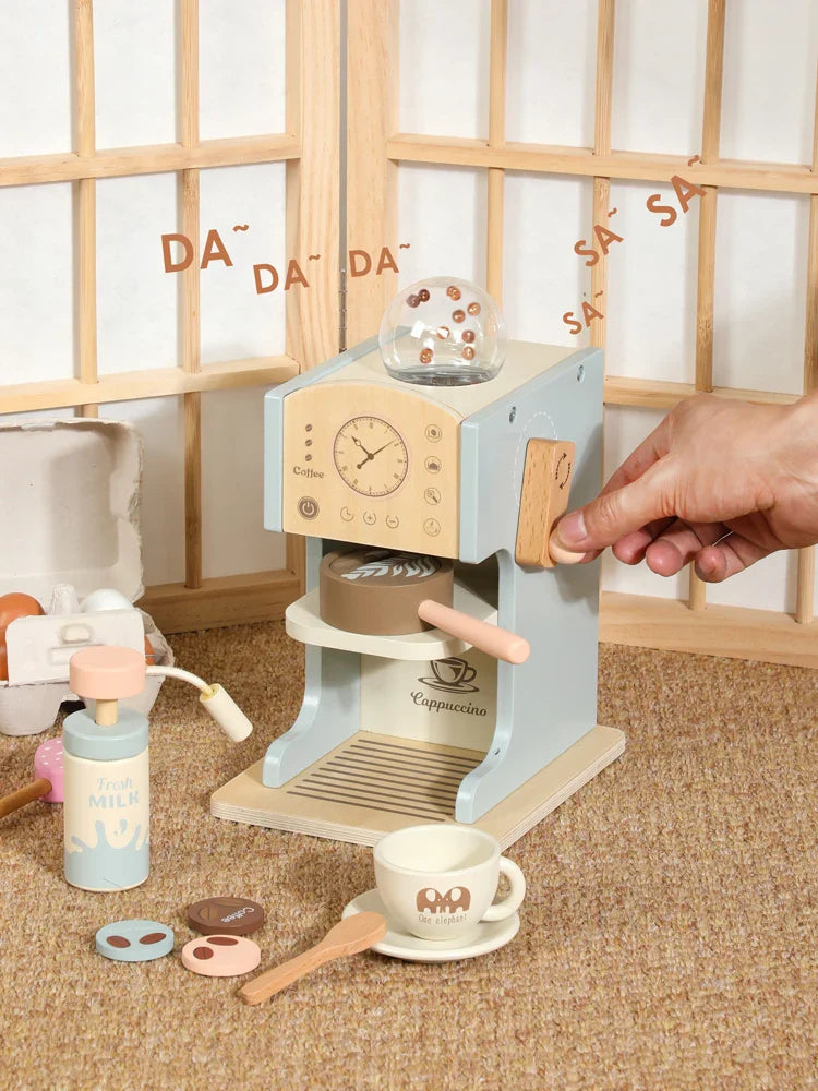 KTX-964179 Blue Wooden Coffee Maker Toy Set for Kids - Mini Educational DIY Kitchen Play for Boys and Girls