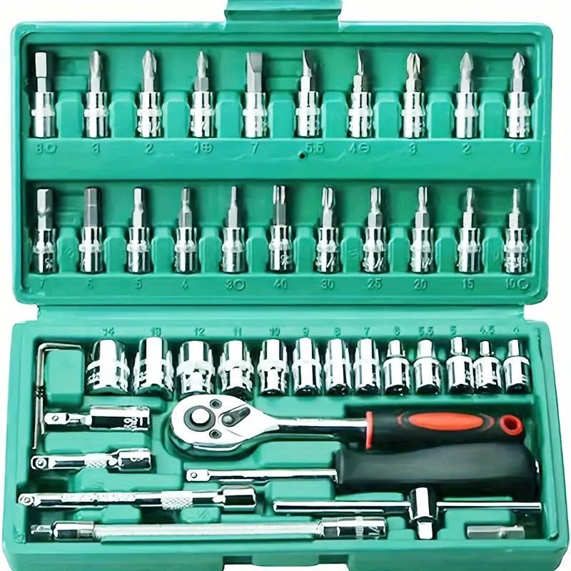 KTX-198739 46-Piece 1/4 Inch Drive Metric Socket and Ratchet Wrench Tool Set for Automotive and Household Repairs