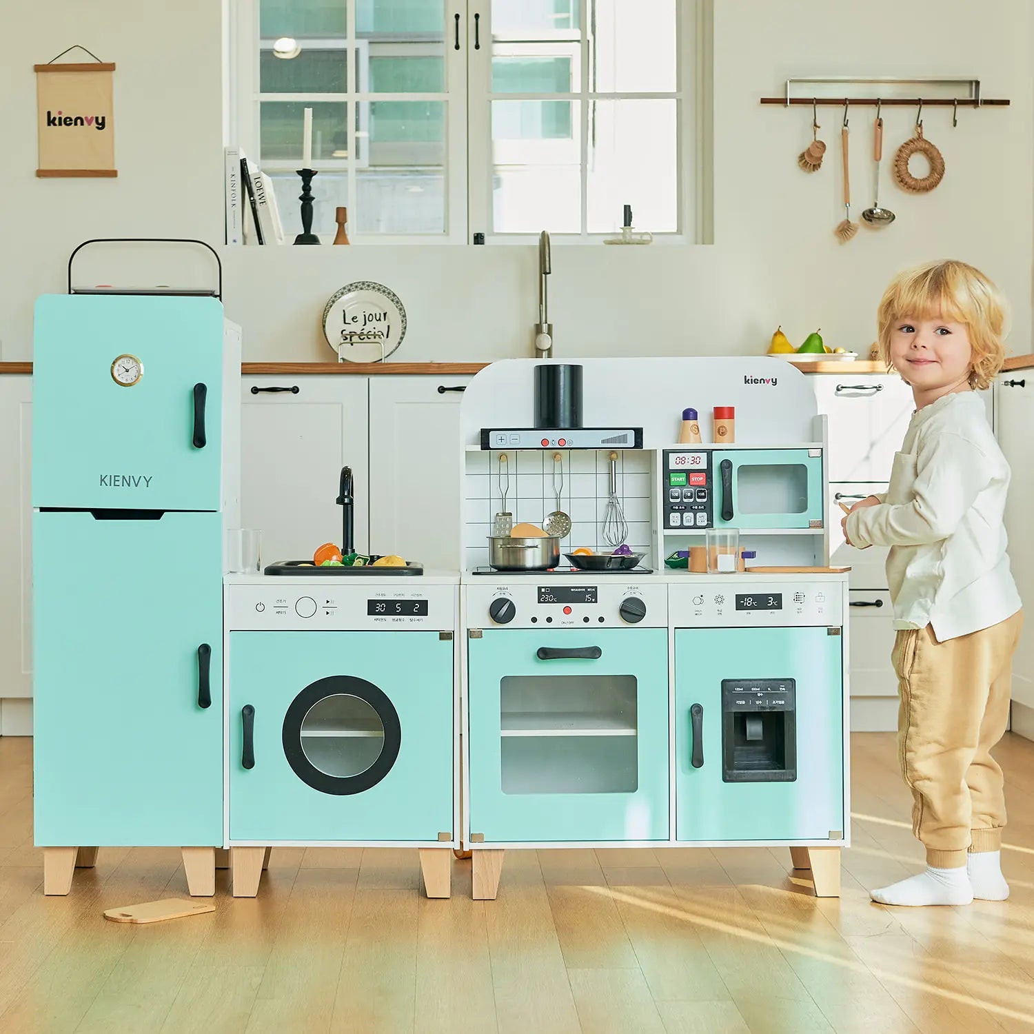 KTX-240979 Custom Toddler Wooden Kitchen Play Set with Sounds and Lights for Pretend Cooking Role Play